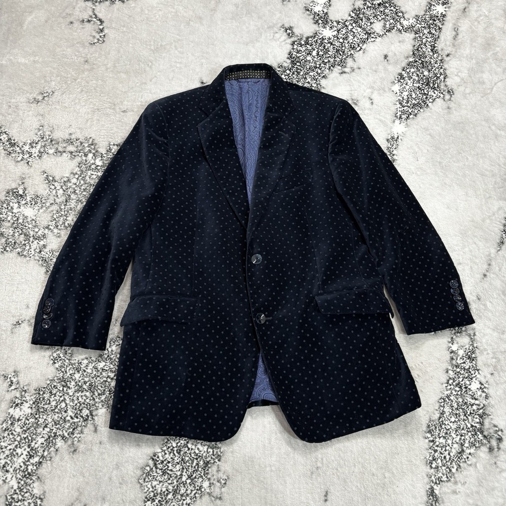 Etro Men's Velvet Blazer Size US 44 IT 54 Navy Polka Dot Paisley Lined Italy